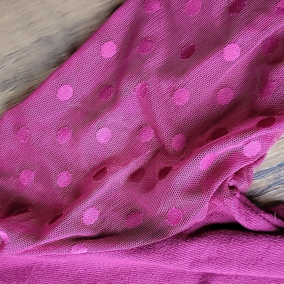 Maurices Red High Neck Cut Out Sheer Polka Dot Sleeve Top - Picture 3 of 6